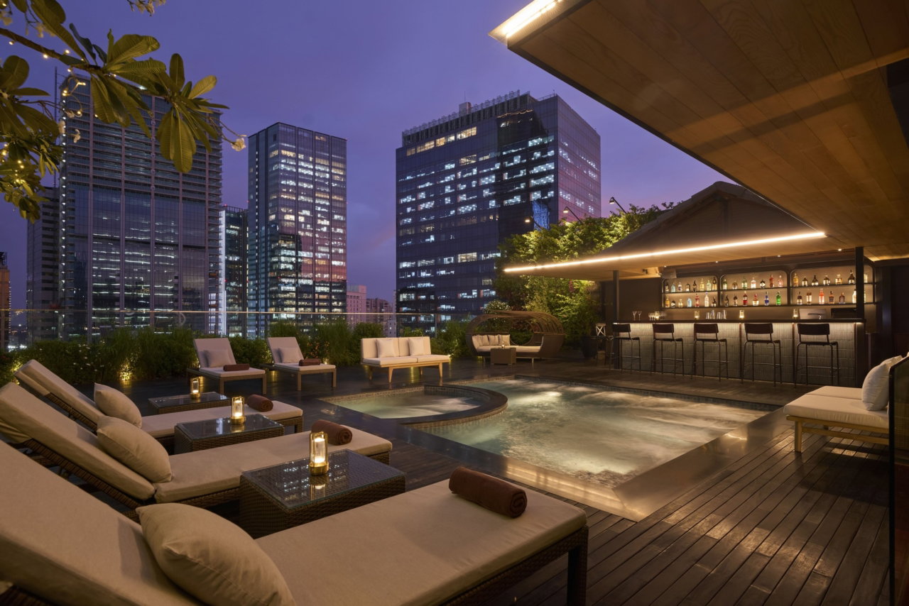 Rooftop Jacuzzi in the evening, among the Silverland Sakyo stay benefits for guests